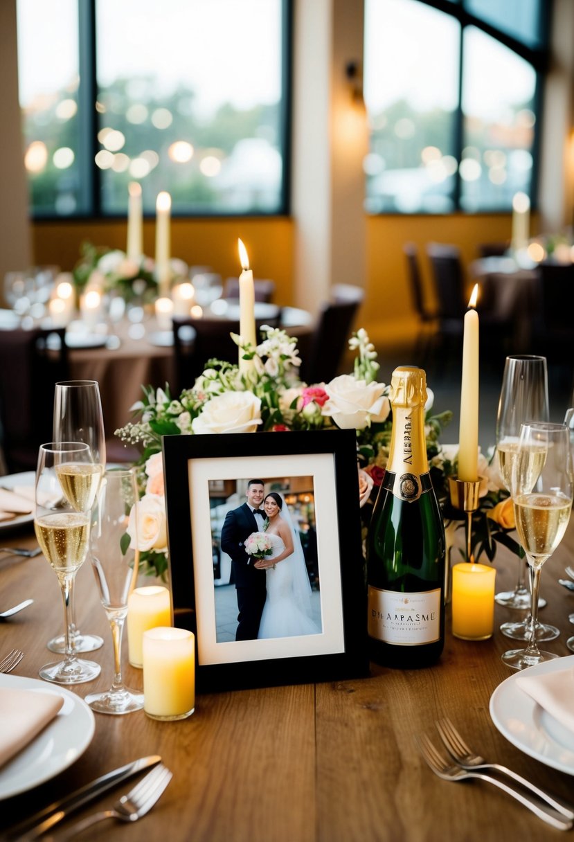 A table set with flowers, candles, and a bottle of champagne. A framed wedding photo sits in the center