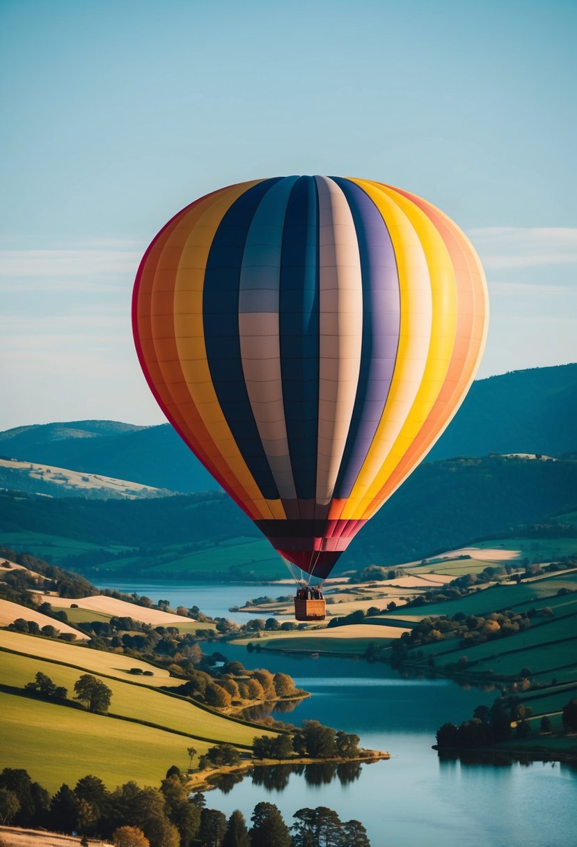 A colorful hot air balloon floats above a picturesque landscape of rolling hills and serene lakes, with a clear blue sky above