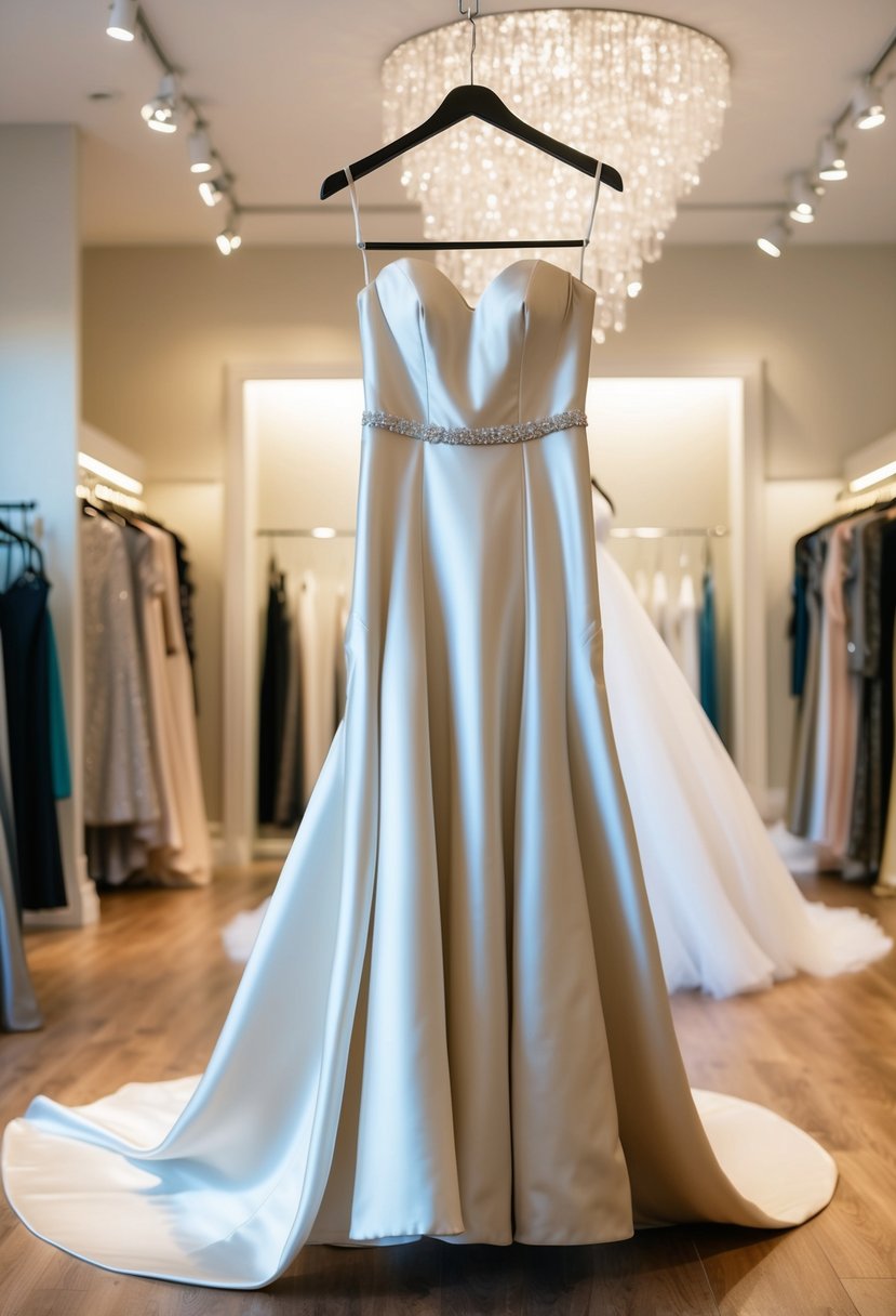 A flowing satin gown drapes over a hanger, catching the light in a luxurious bridal boutique