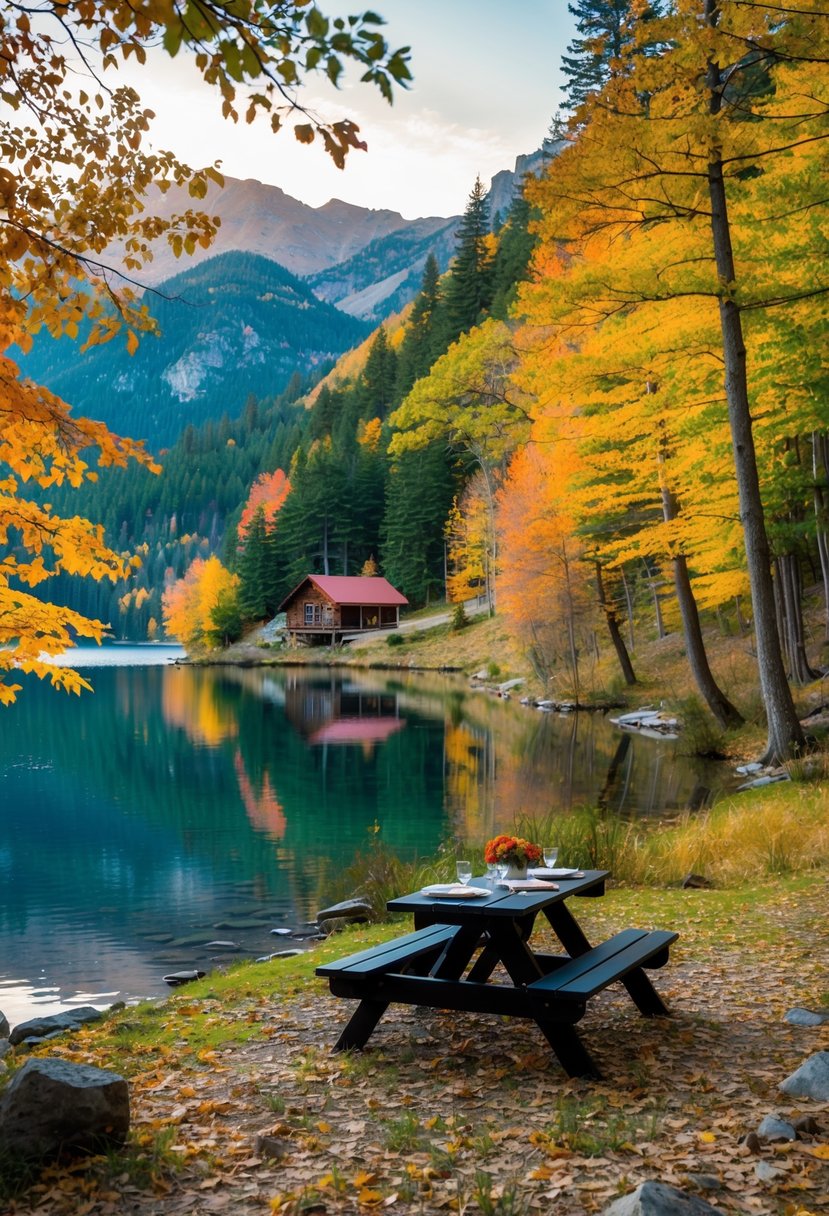 A cozy cabin nestled in the mountains, surrounded by colorful autumn foliage and a tranquil lake, with a picnic table set for two