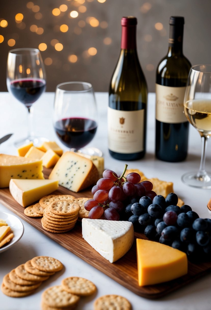 A table set with an assortment of cheeses, crackers, and grapes, accompanied by a selection of wine bottles and glasses