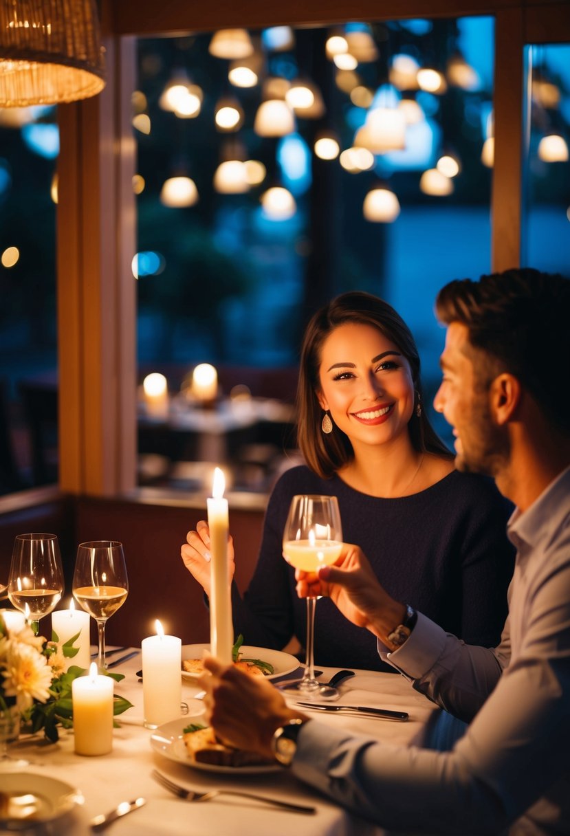 A couple enjoying a romantic dinner in a cozy restaurant, surrounded by candlelight and soft music, reminiscing about their first date