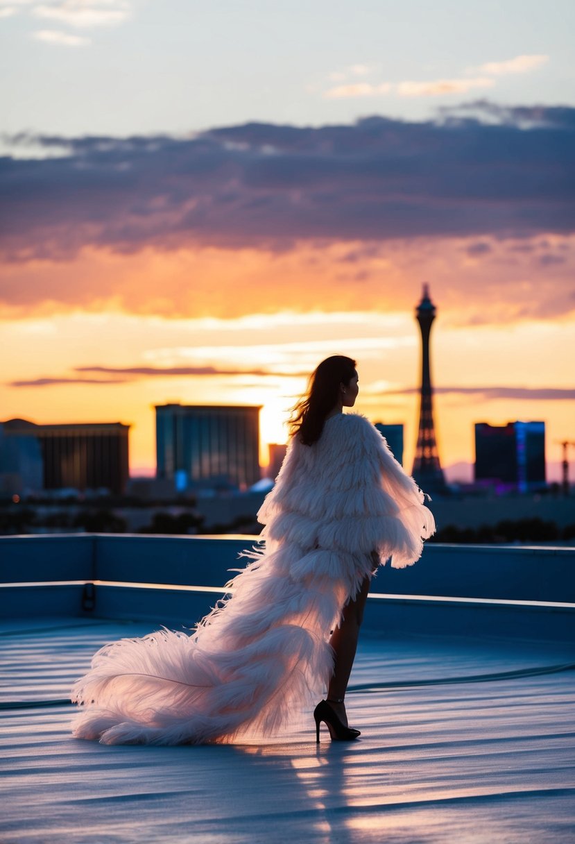 A figure stands on a rooftop at sunset, wearing a flowing feathery cape dress, the fabric billowing dramatically in the wind. The skyline of Las Vegas serves as a backdrop