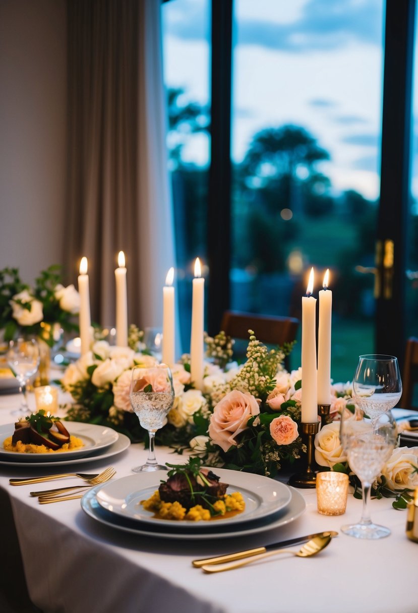 A beautifully set table with candlelight, flowers, and a gourmet meal prepared by a chef for a 48th wedding anniversary celebration at home