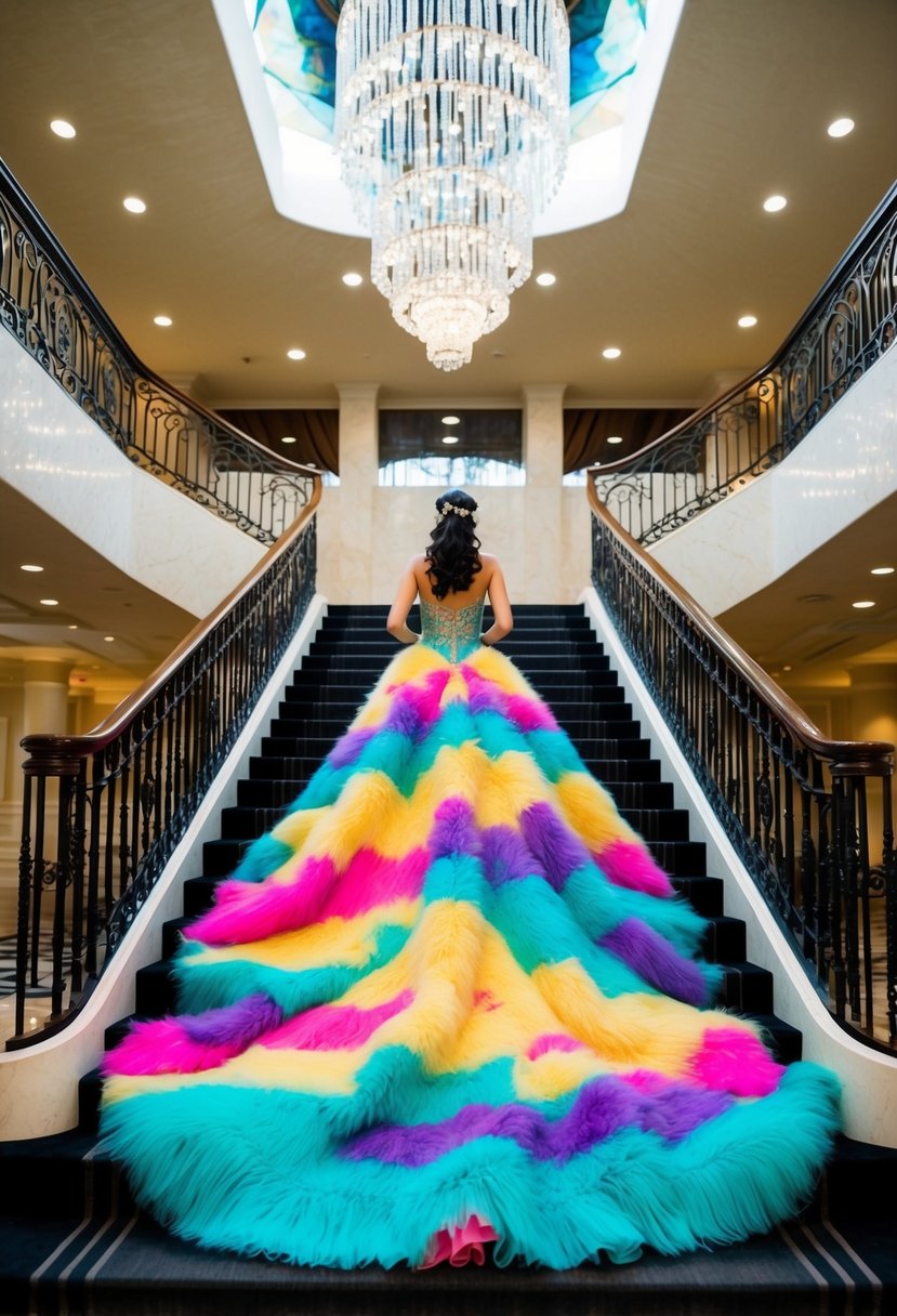 A vibrant mohair gown cascades down a grand staircase, catching the light and creating a stunning focal point in a luxurious Vegas wedding venue