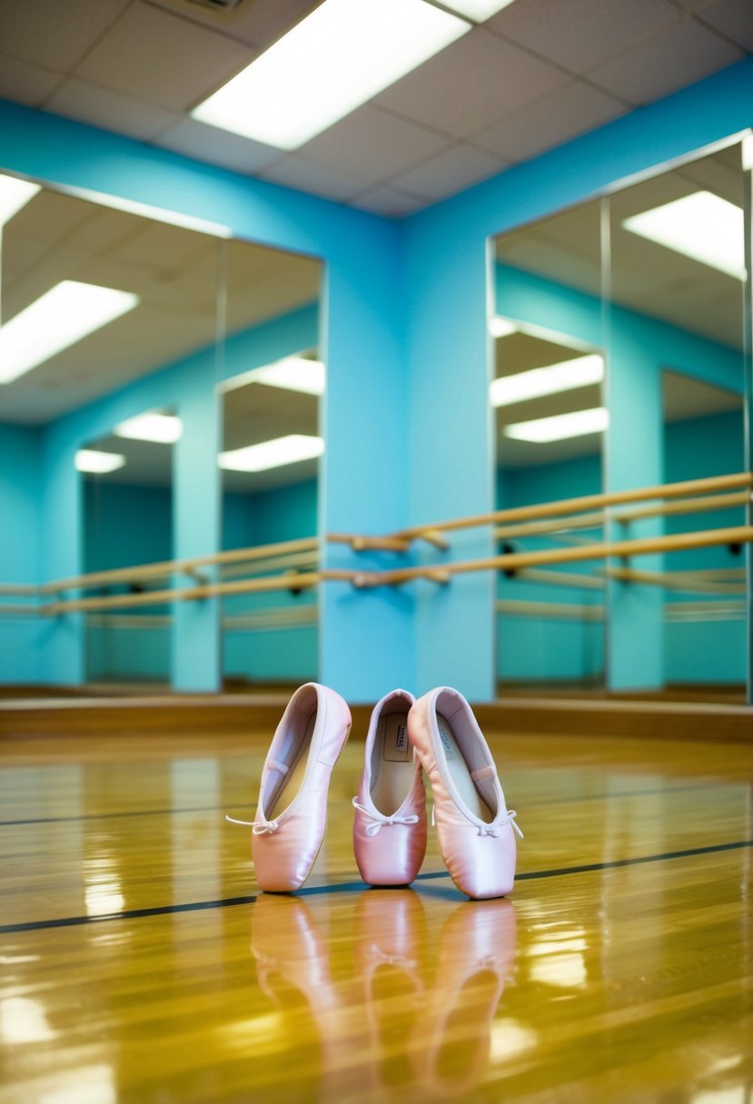 A brightly lit dance studio with two pairs of ballet slippers on the polished wooden floor, surrounded by mirrors and ballet barres