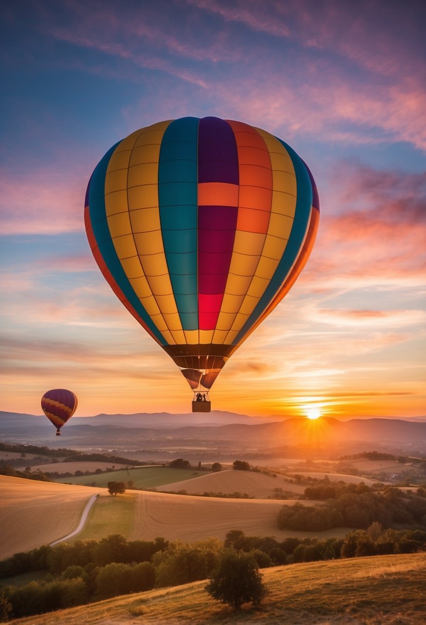 A colorful hot air balloon floats above a picturesque landscape at sunset