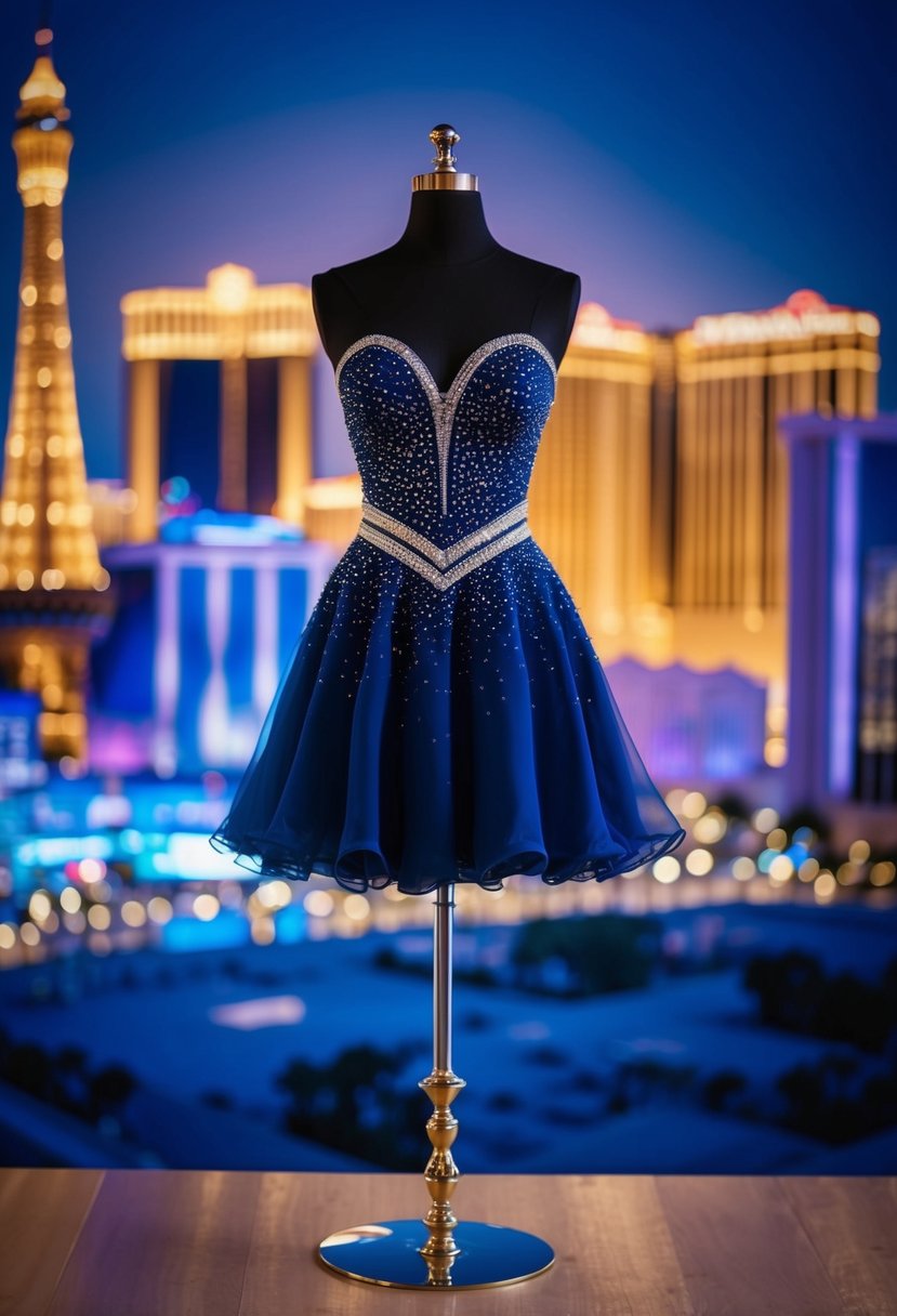 A short cocktail dress with sparkling rhinestone accents, set against a backdrop of the Las Vegas skyline at night