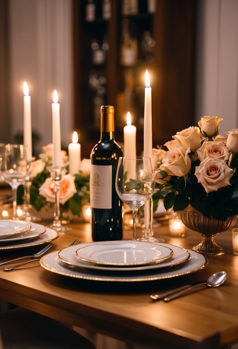 A dining table set with elegant dinnerware, adorned with flickering candles, a bouquet of roses, and a bottle of wine, creating a warm and romantic ambiance