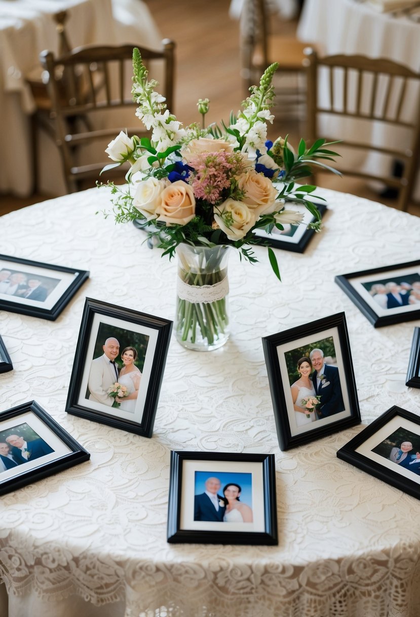 A table set with a lace tablecloth, adorned with a vase of fresh flowers, and surrounded by framed photos of the couple throughout their 48 years together