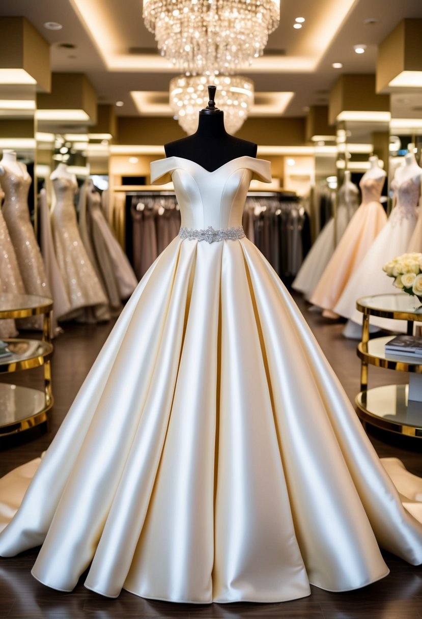 A glamorous off-the-shoulder satin ball gown displayed in a luxurious Vegas wedding boutique