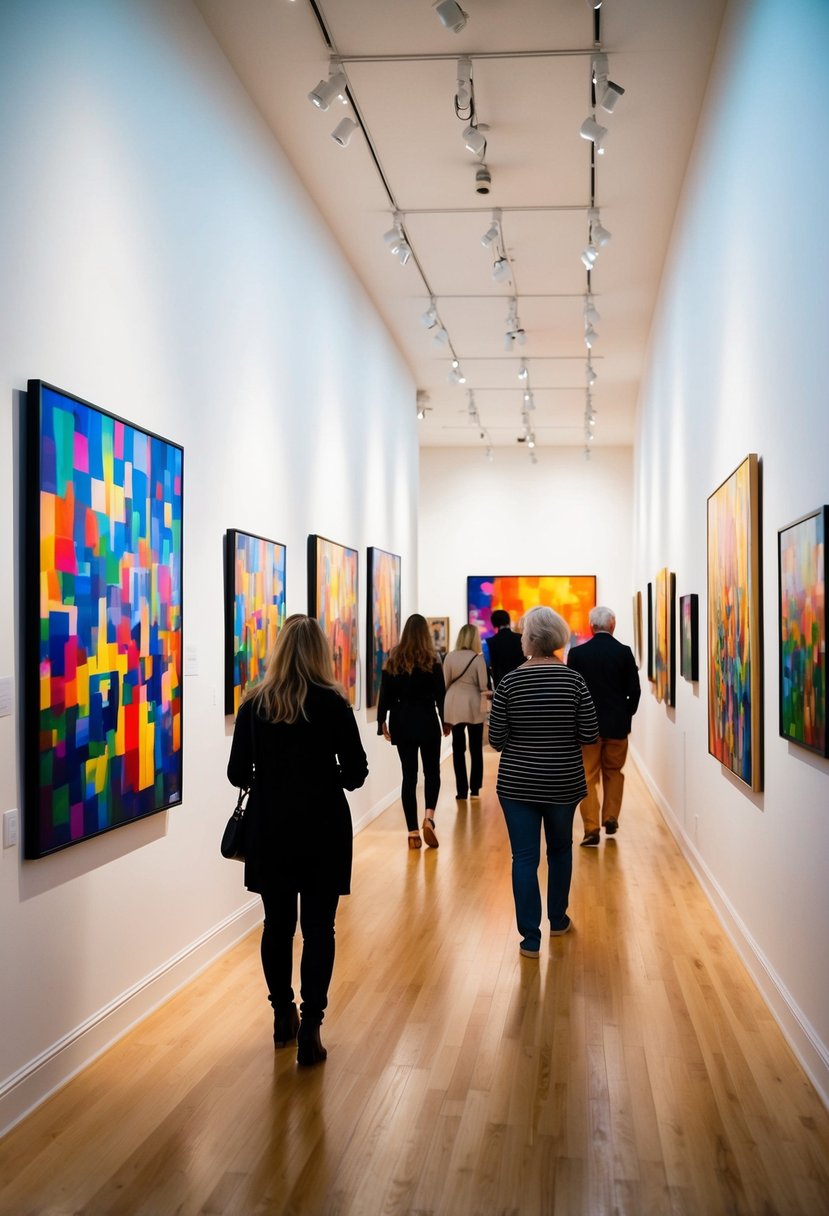 Vibrant paintings line the walls of a spacious art gallery, bathed in soft natural light. Visitors stroll through, admiring the colorful masterpieces on display