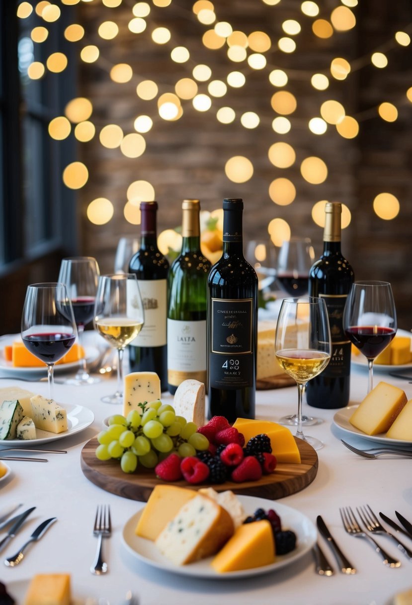 A table set with assorted cheeses, fruit, and a variety of wine bottles arranged for a 48th wedding anniversary celebration