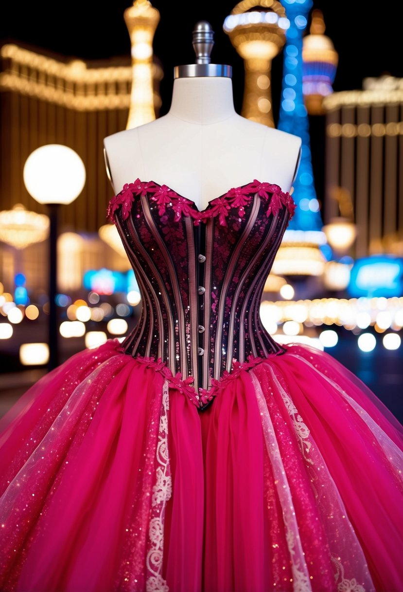 A bold corset dress with a voluminous tulle skirt, adorned with sparkles and lace, set against a backdrop of the dazzling lights of the Las Vegas strip