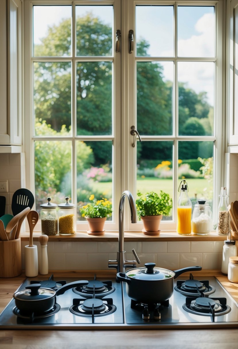 A cozy kitchen with two sets of cooking utensils and ingredients set out on the counter, with a large window looking out onto a garden