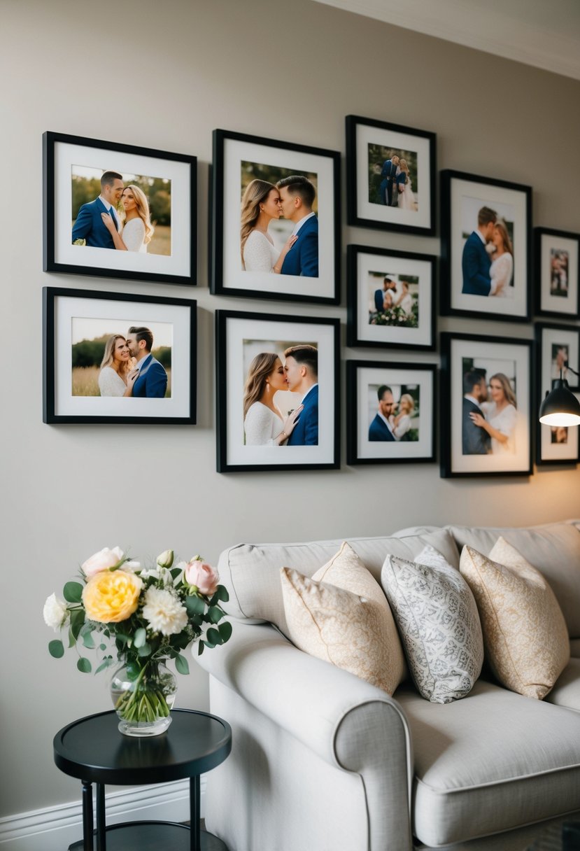 A cozy living room with a gallery wall of framed couple photos, soft lighting, and a vase of fresh flowers on a side table