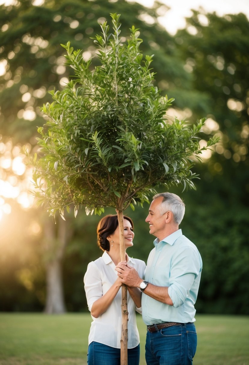 A couple plants a tree together, symbolizing their love on their 54th anniversary