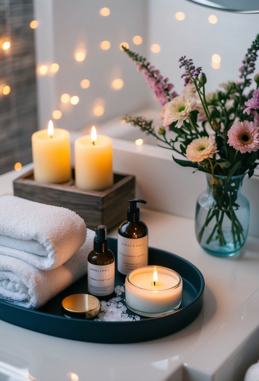 A cozy bathroom with candles, fluffy towels, bath salts, and a tray of skincare products. A relaxing atmosphere with soft music and a vase of fresh flowers