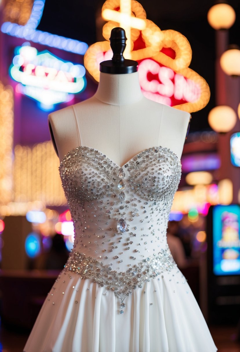 A classic white dress adorned with sparkling Vegas-style glitz, set against a backdrop of neon lights and casino glamour