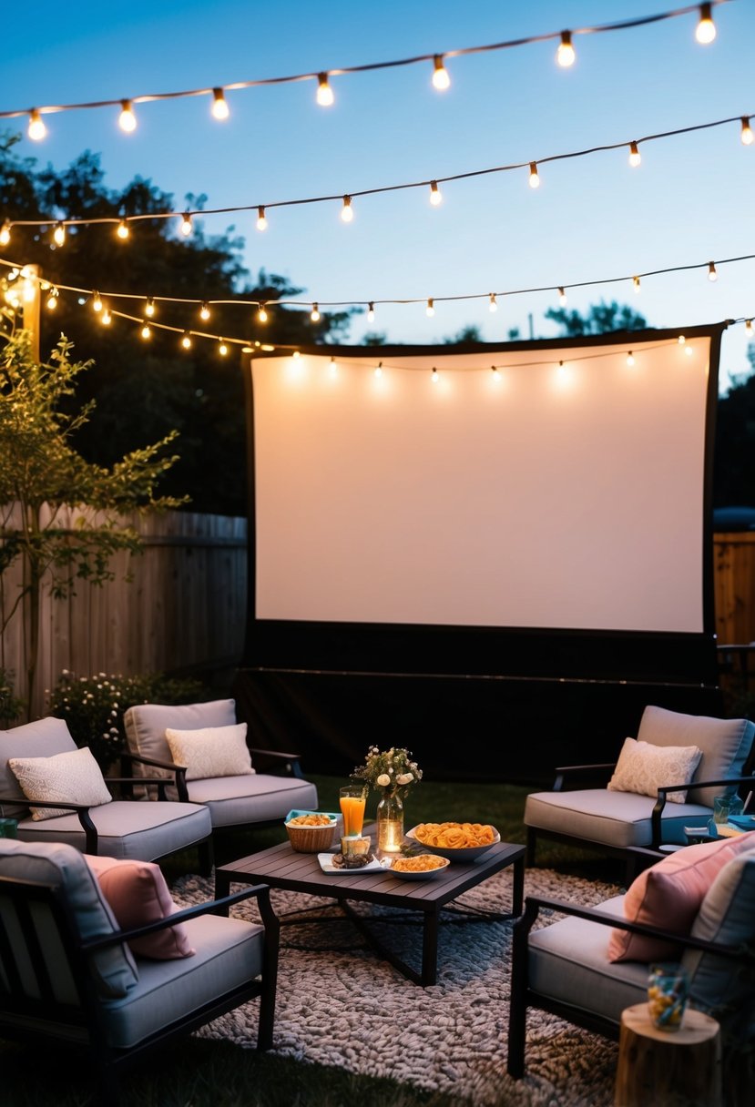 A cozy backyard movie night with string lights, a large screen, comfortable seating, and a table set with snacks and drinks to celebrate a 48th wedding anniversary