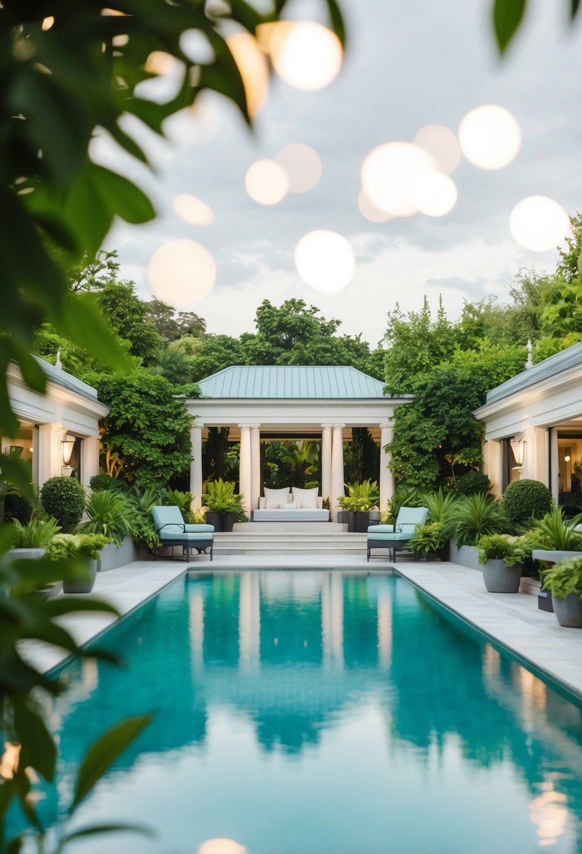 A serene spa scene with a tranquil pool, lush greenery, and elegant architecture, surrounded by soothing natural elements