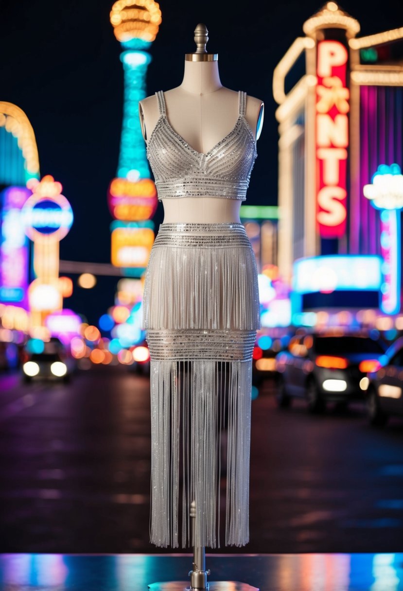 A sleek two-piece dress with fringe detail, set against a backdrop of neon lights and a bustling Vegas strip