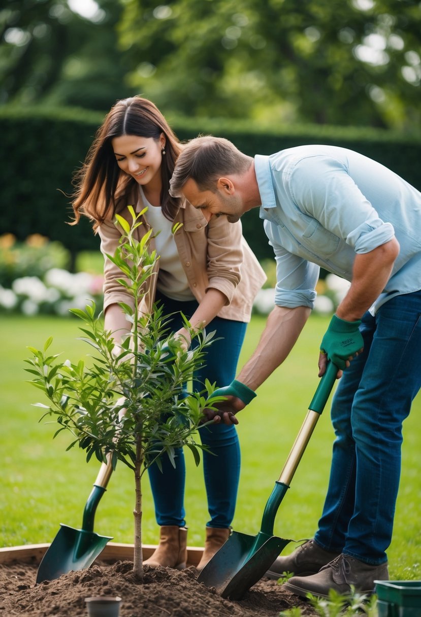 A couple planting a tree together in a garden