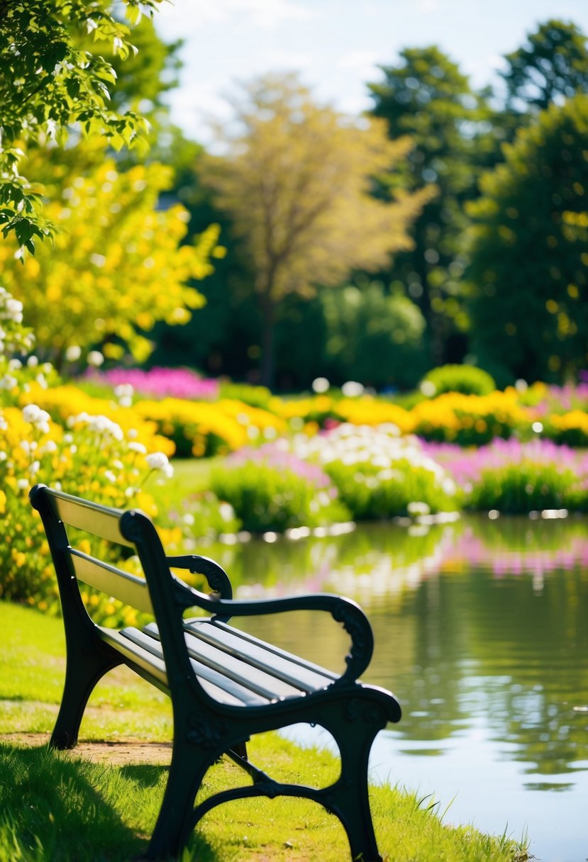 A sunlit park bench beside a tranquil pond, surrounded by blooming flowers and lush greenery