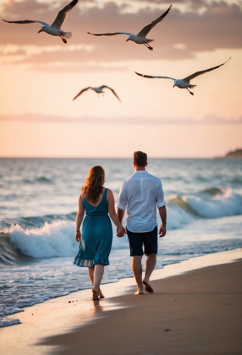 A couple walks along the shoreline at sunset, waves gently crashing on the beach, seagulls flying overhead