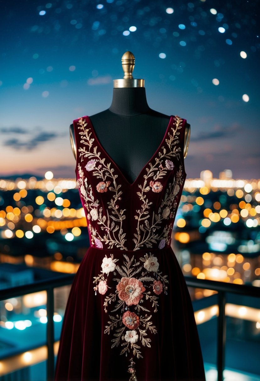 A velvet dress with intricate floral embroidery, set against a backdrop of twinkling city lights and a starry night sky