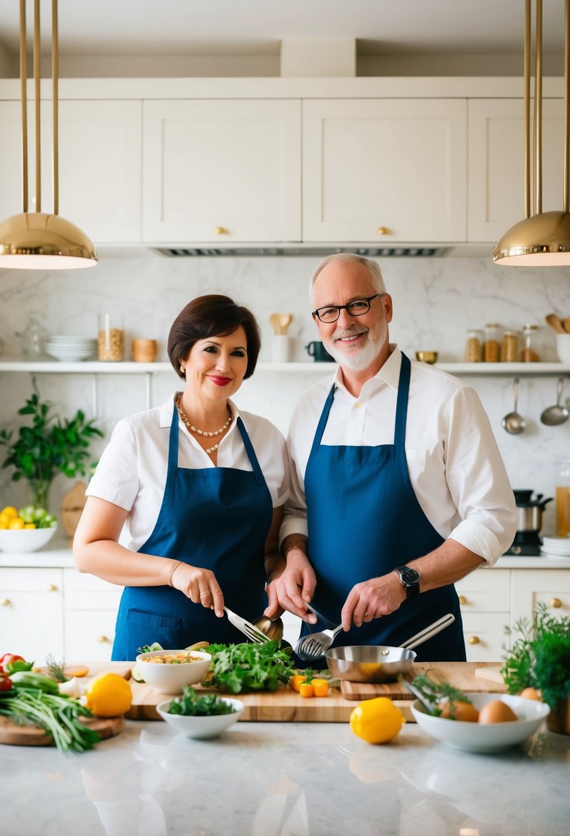 A couple stands side by side in a spacious, well-lit kitchen, surrounded by fresh ingredients and cooking utensils. They are engaged in preparing a gourmet meal together, celebrating their 54th wedding anniversary