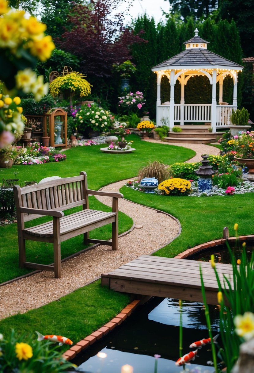 A garden with a winding path, blooming flowers, and hidden trinkets. A wooden bench overlooks a pond with koi fish. A small bridge leads to a gazebo adorned with twinkling lights