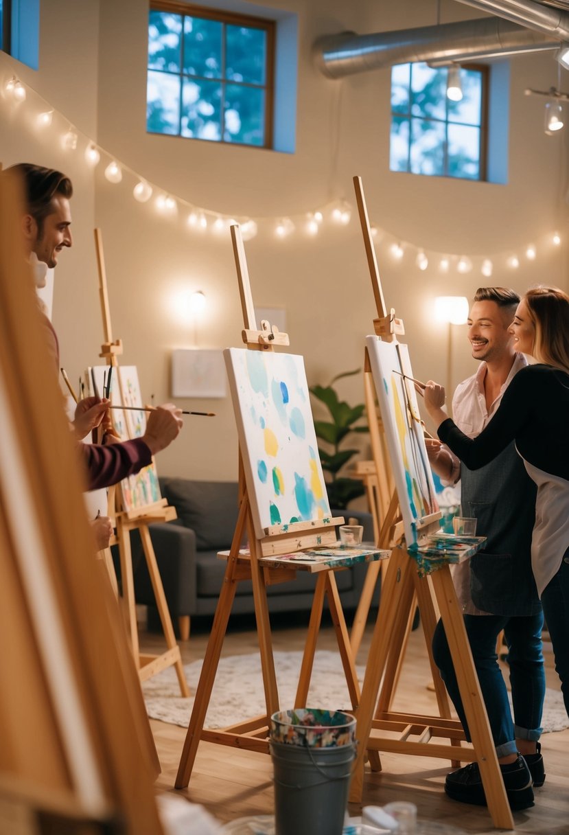 A cozy art studio filled with easels, paintbrushes, and canvases. Soft lighting and romantic music set the mood for couples to create their own masterpieces