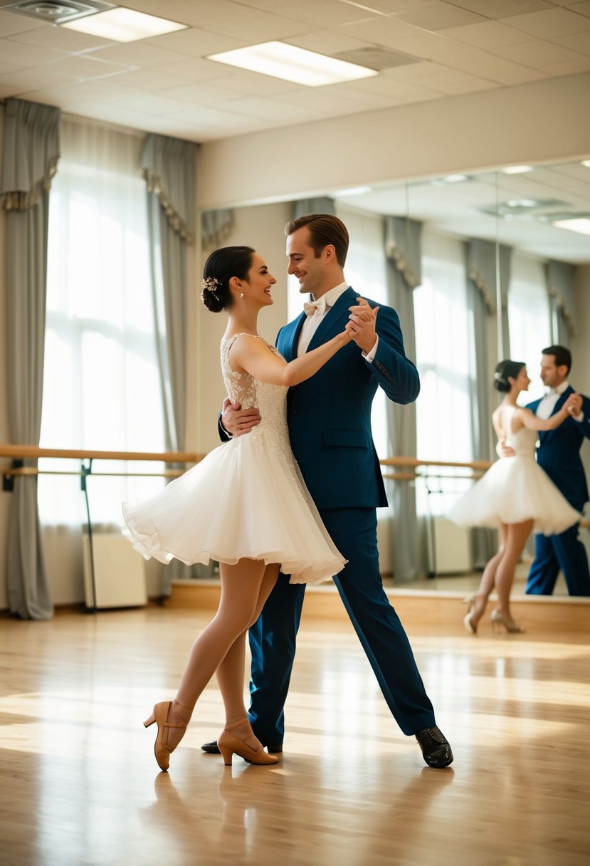 A couple gracefully waltzing in a spacious, sunlit dance studio, surrounded by mirrors and elegant decor