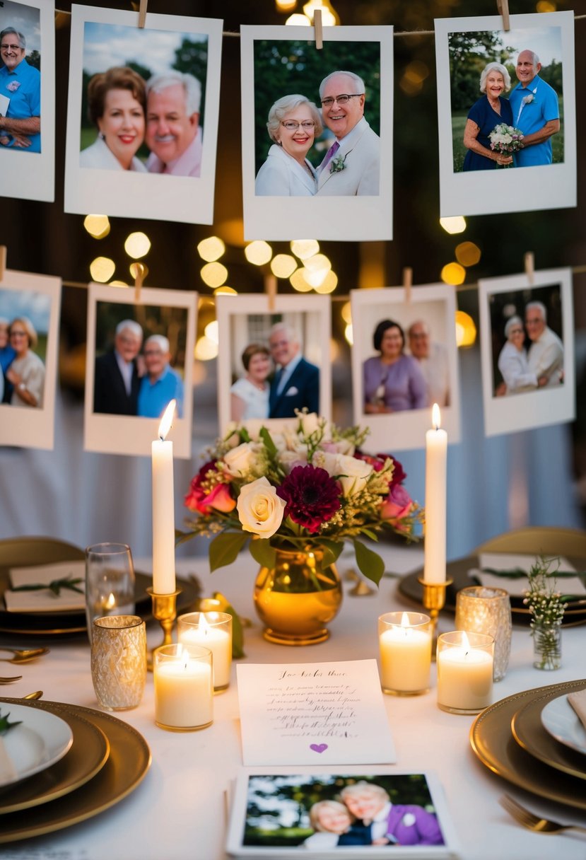 A table set with candles, flowers, and love letters, surrounded by photos from 48 years of marriage