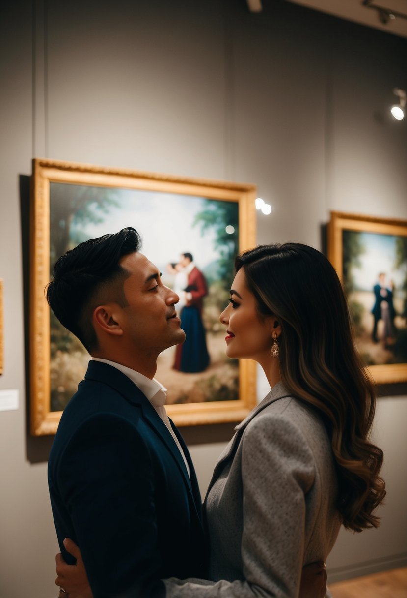 A couple admires a romantic painting in a dimly lit art gallery