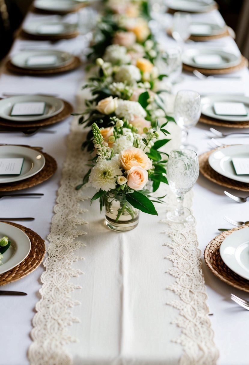 A long white table runner adorned with delicate lace and fresh flowers