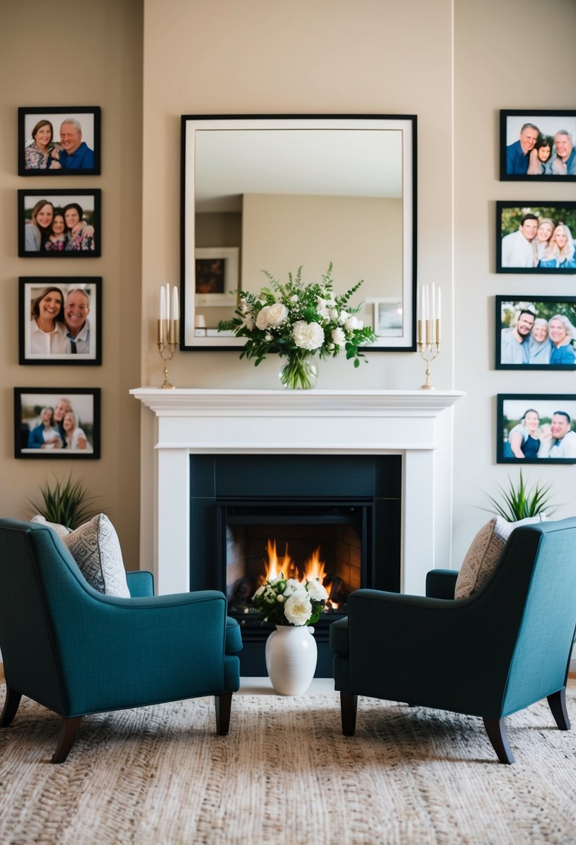 A cozy living room with a fireplace, a vase of fresh flowers, and two armchairs facing each other, surrounded by framed photos of happy memories