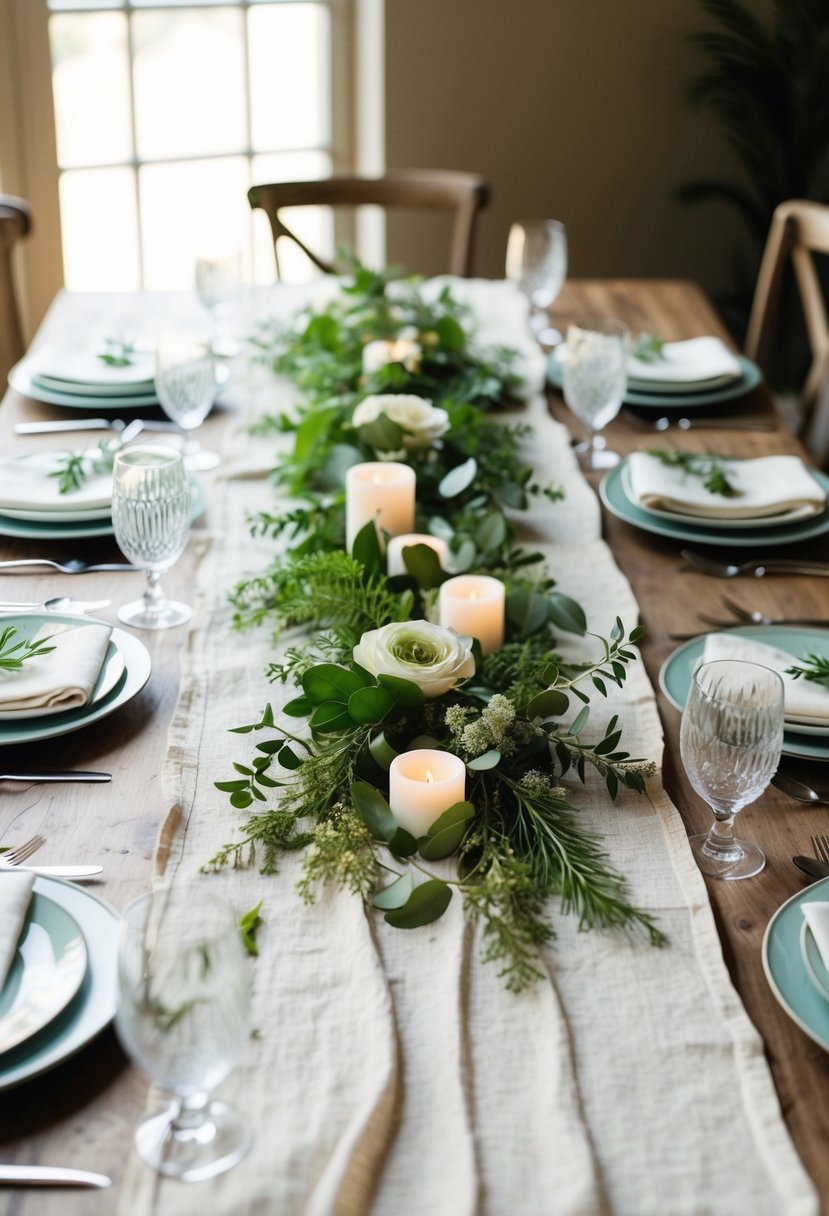 A rustic table set with a flowing linen runner adorned with fresh greenery and subtle touches of natural elements