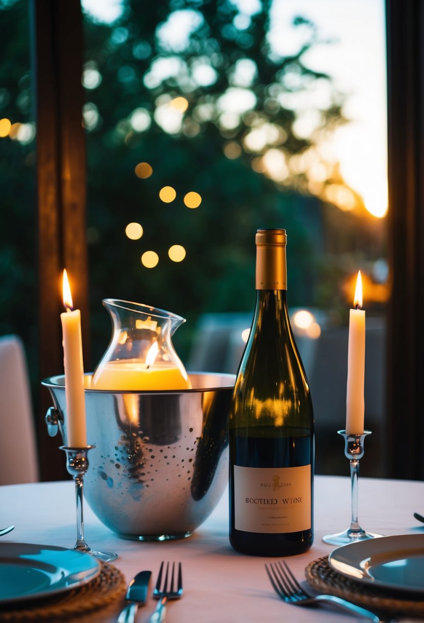 A table set for two with lit candles, soft music playing, and a bottle of wine chilling in an ice bucket