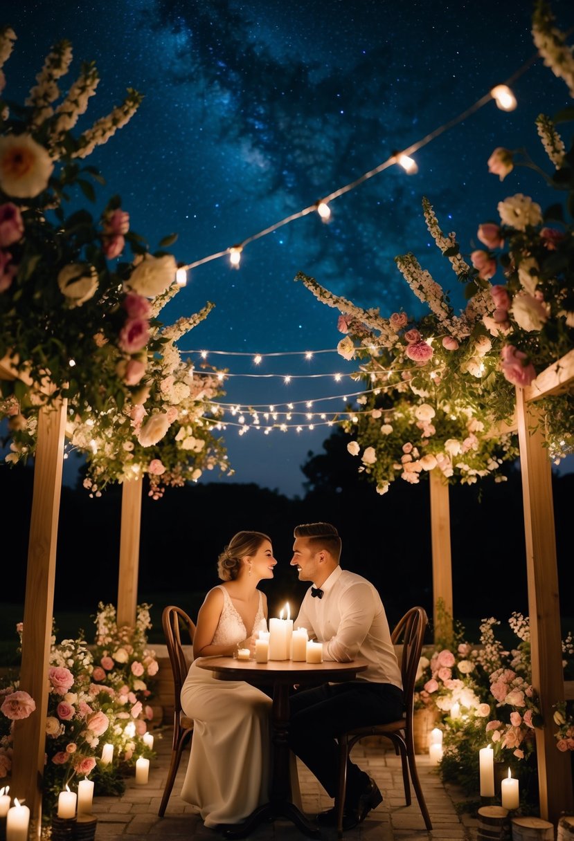 A couple sits at a candlelit table, surrounded by blooming flowers and twinkling lights. The night sky is filled with stars, and a gentle breeze carries the sound of soft music