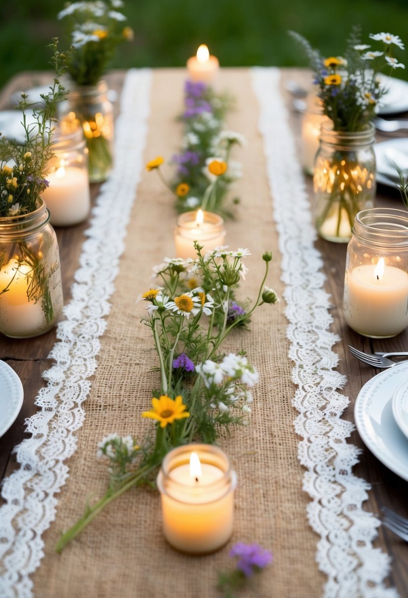 A rustic burlap table runner adorned with delicate lace, surrounded by mason jars filled with wildflowers and flickering candles