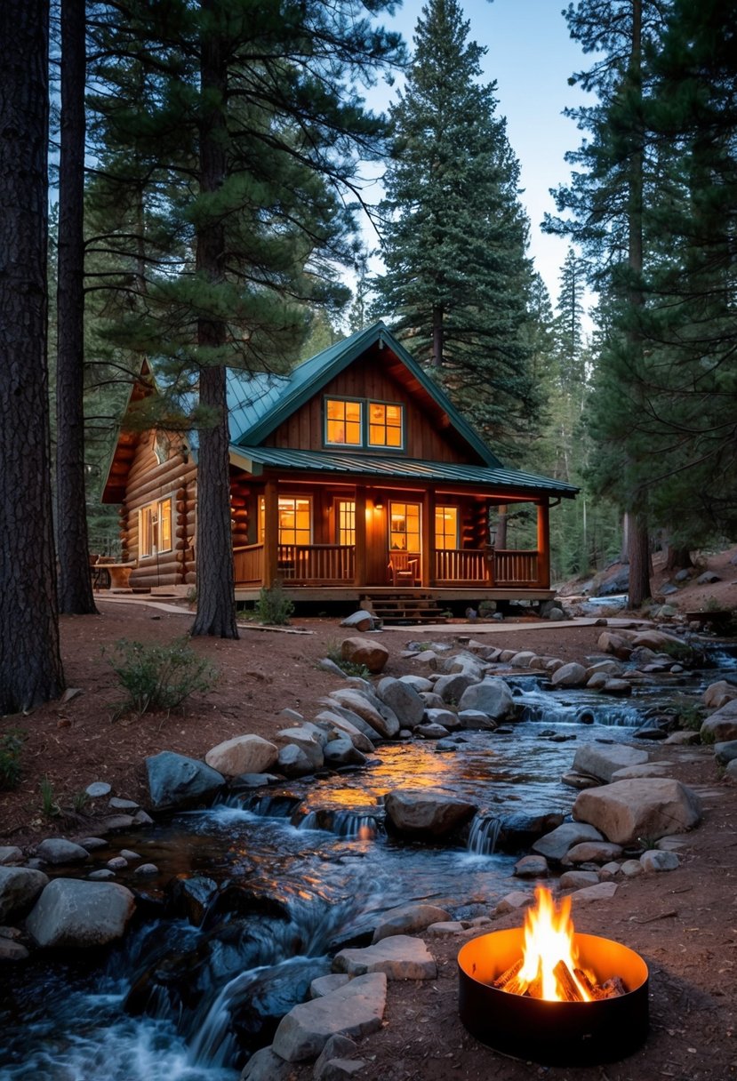 A cozy cabin nestled in the woods, surrounded by tall pine trees and a bubbling stream, with a crackling fire pit and a charming porch swing