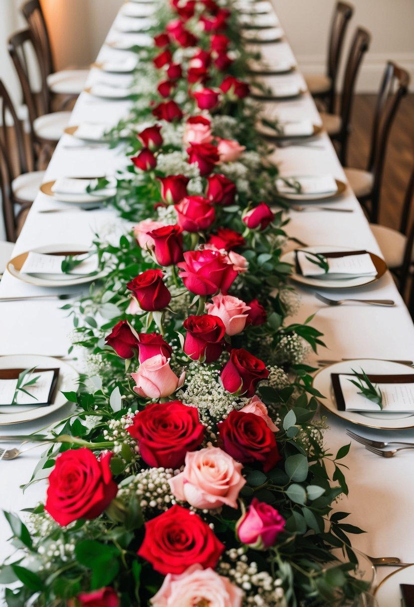 A long table adorned with a lush, flowing table runner made of vibrant red and pink roses, interspersed with delicate greenery and baby's breath