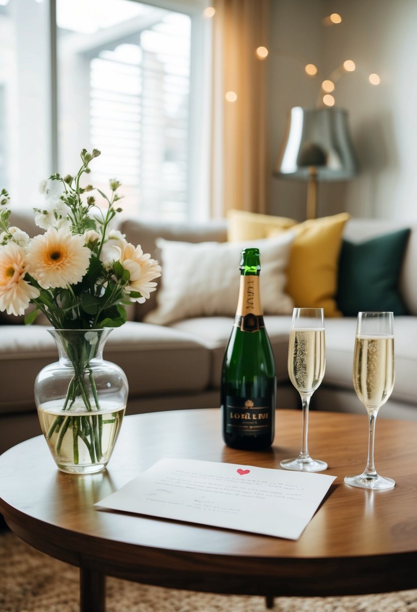 A cozy living room table with a love letter, a vase of flowers, and two glasses of champagne