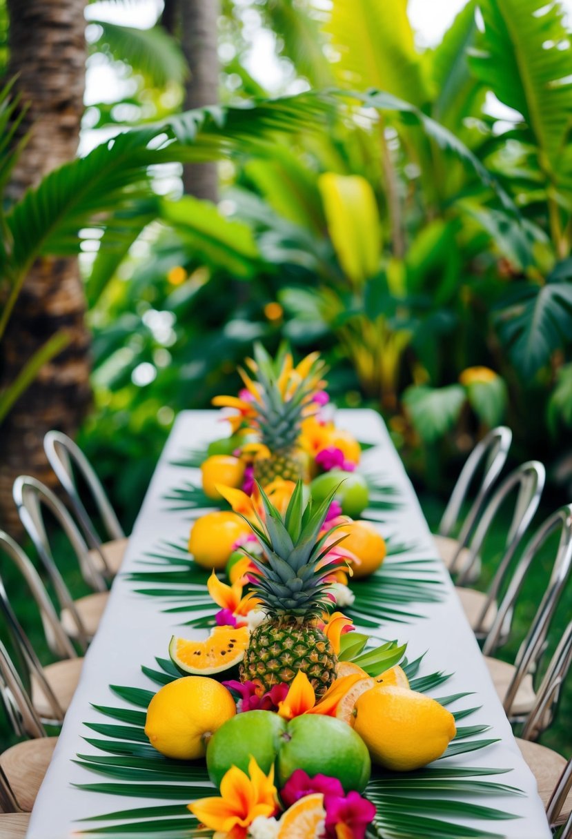 A lush, tropical scene with vibrant flowers, palm leaves, and exotic fruits arranged on a table runner