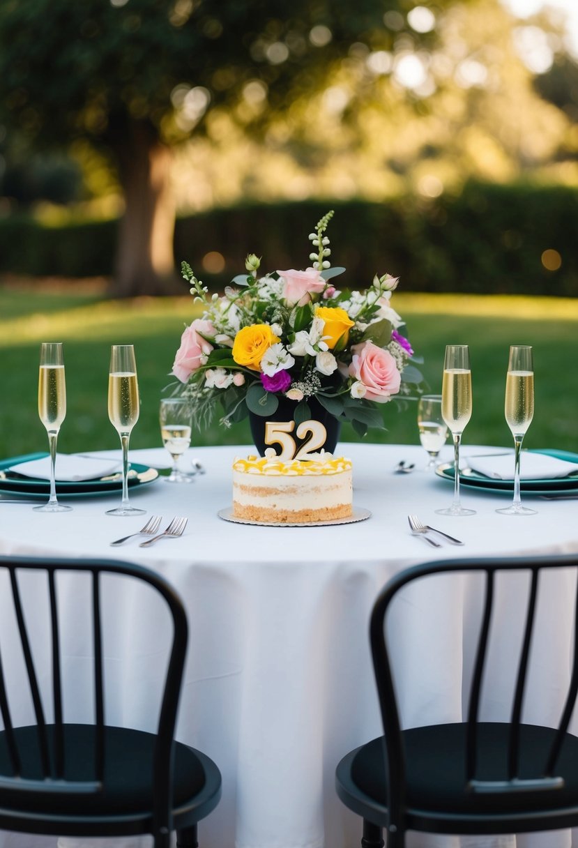 A table set with a bouquet of flowers, two champagne glasses, and a small cake with "52" candles. Two empty chairs face each other