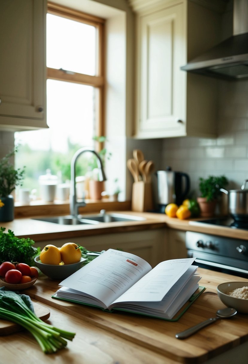 A cozy kitchen with two pairs of utensils, fresh ingredients, and a recipe book open to a new dish