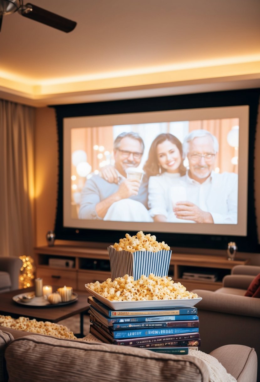 A cozy living room with a large screen, popcorn, and a stack of classic films. Warm lighting and comfortable seating create a welcoming atmosphere for celebrating a 57th wedding anniversary