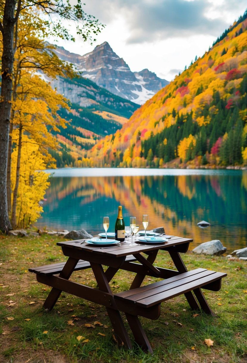 A cozy cabin nestled in the mountains, surrounded by colorful autumn foliage and a tranquil lake, with a picnic table set for two and a bottle of champagne on ice